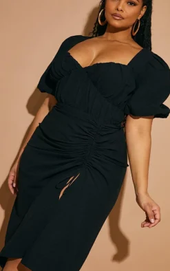 Plus Puff Sleeve Ruched Split Side Midi Dress-PrettyLittleThing Discount