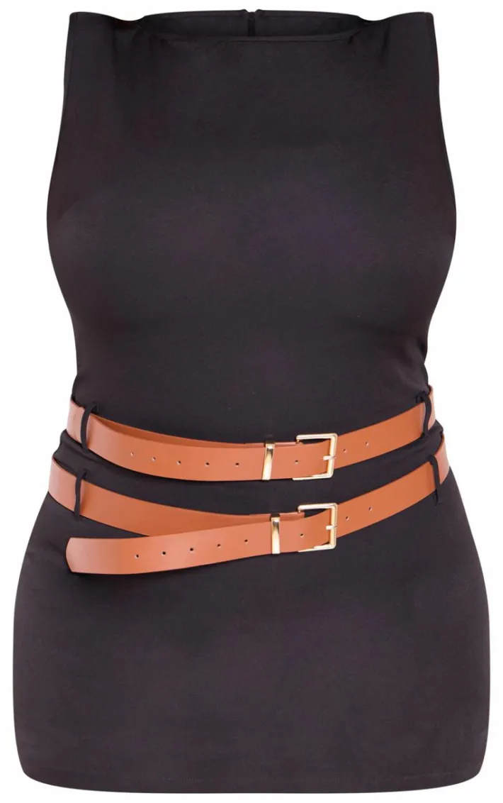 Plus Black Racer Neck Double Belt Skort Romper