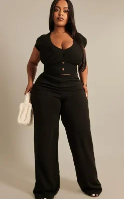 New PrettyLittleThing Plus Rib Knitted Straight Leg Pants Black