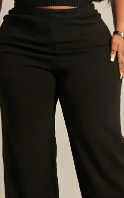 New PrettyLittleThing Plus Rib Knitted Straight Leg Pants Black