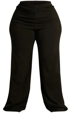 New PrettyLittleThing Plus Rib Knitted Straight Leg Pants Black