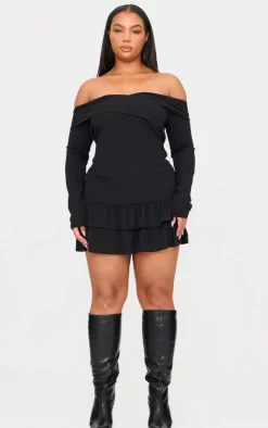 Plus Ribbed Bardot Cross Over Bust Detail Shift Dress-PrettyLittleThing Best