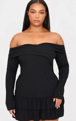 Plus Ribbed Bardot Cross Over Bust Detail Shift Dress-PrettyLittleThing Best
