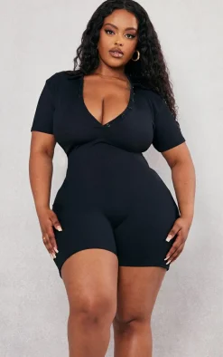 PrettyLittleThing Unitards*Plus Ribbed Button Up Romper