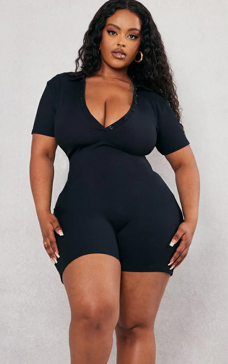 PrettyLittleThing Unitards*Plus Ribbed Button Up Romper