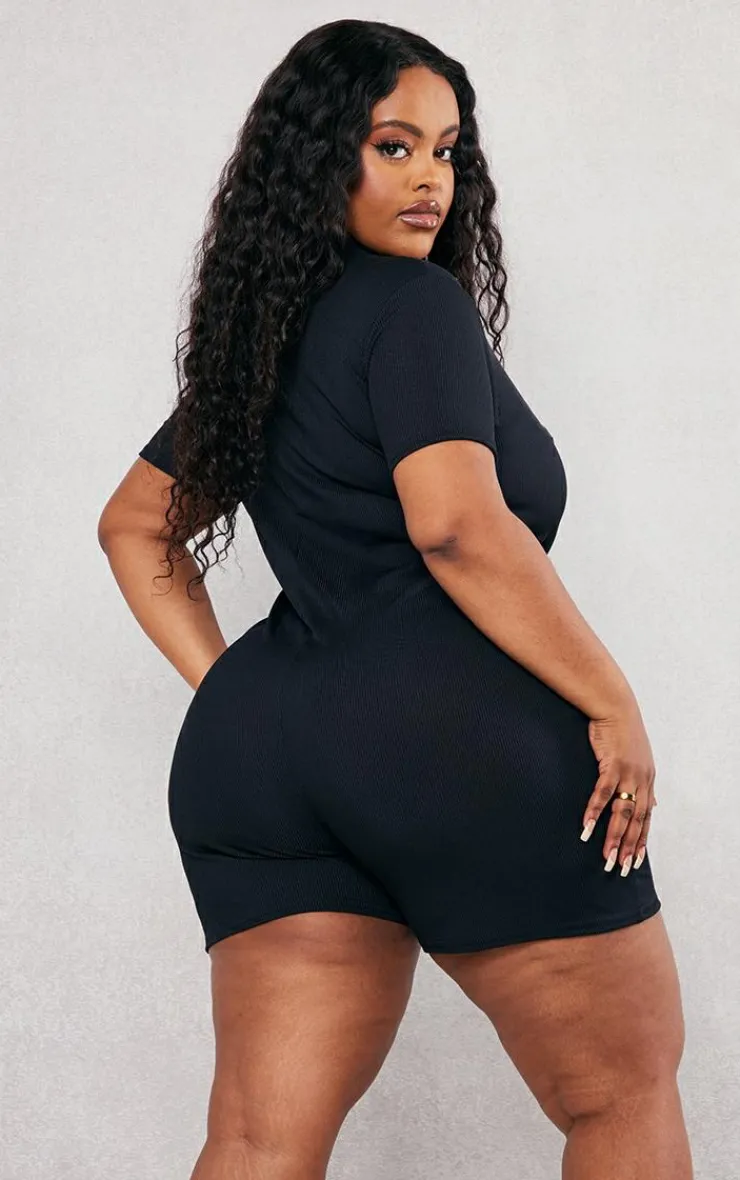 PrettyLittleThing Unitards*Plus Ribbed Button Up Romper