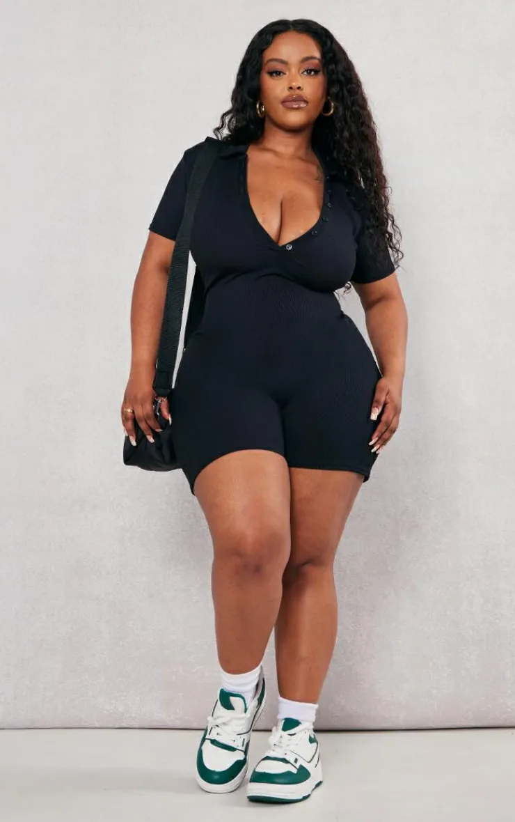PrettyLittleThing Unitards*Plus Ribbed Button Up Romper