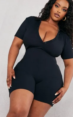 PrettyLittleThing Unitards*Plus Ribbed Button Up Romper