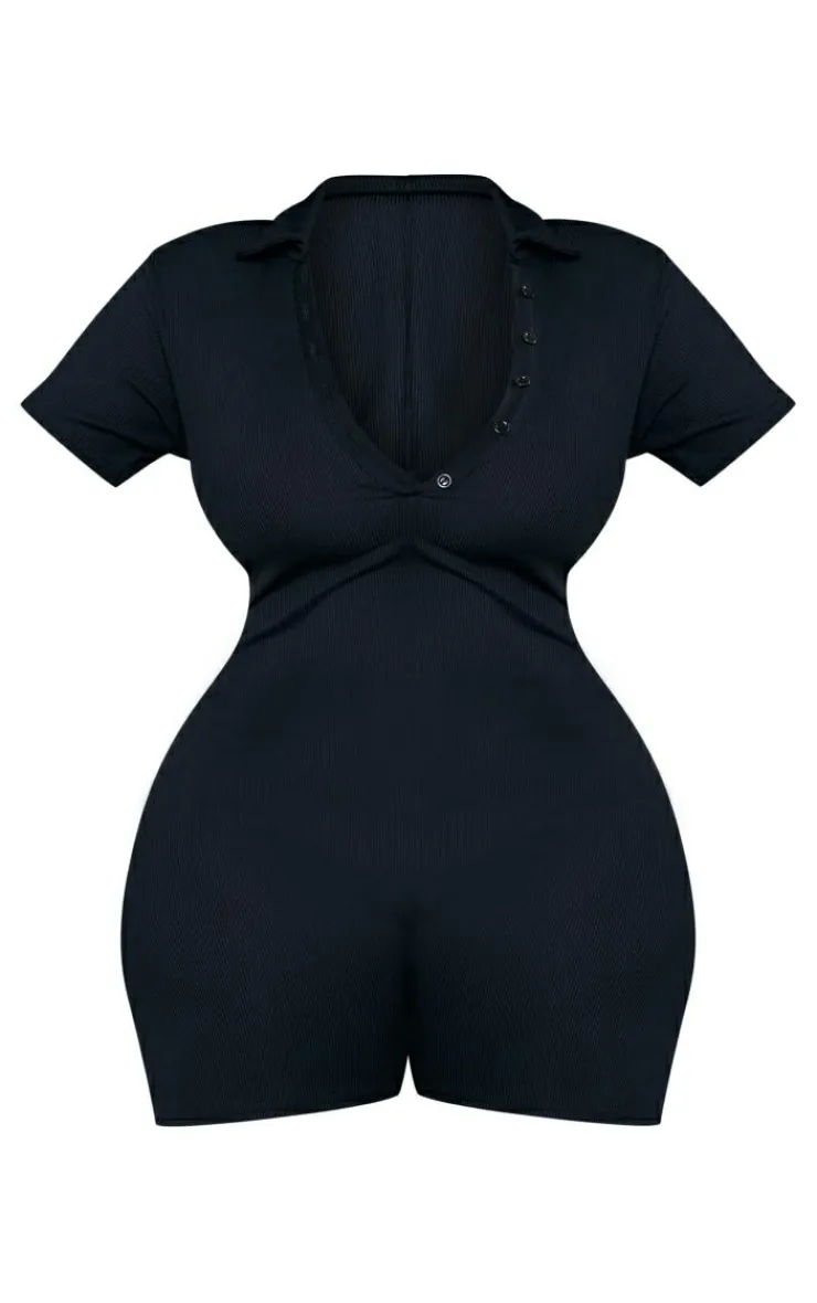 PrettyLittleThing Unitards*Plus Ribbed Button Up Romper
