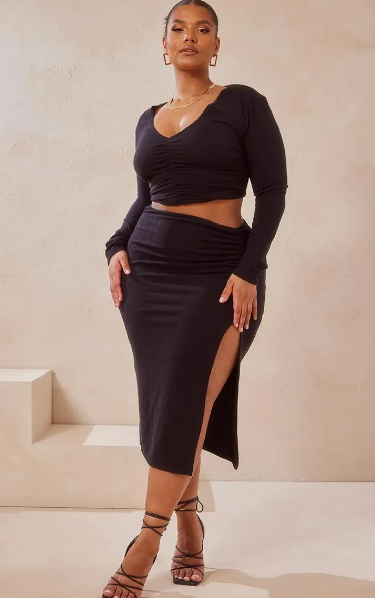 New PrettyLittleThing Plus Ruched Front Long Sleeve Top Black