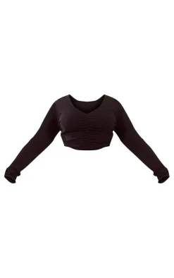 New PrettyLittleThing Plus Ruched Front Long Sleeve Top Black