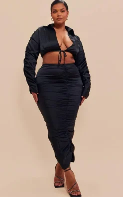 Best PrettyLittleThing Plus Ruched Satin Midaxi Skirt Black