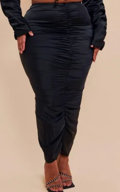 Best PrettyLittleThing Plus Ruched Satin Midaxi Skirt Black