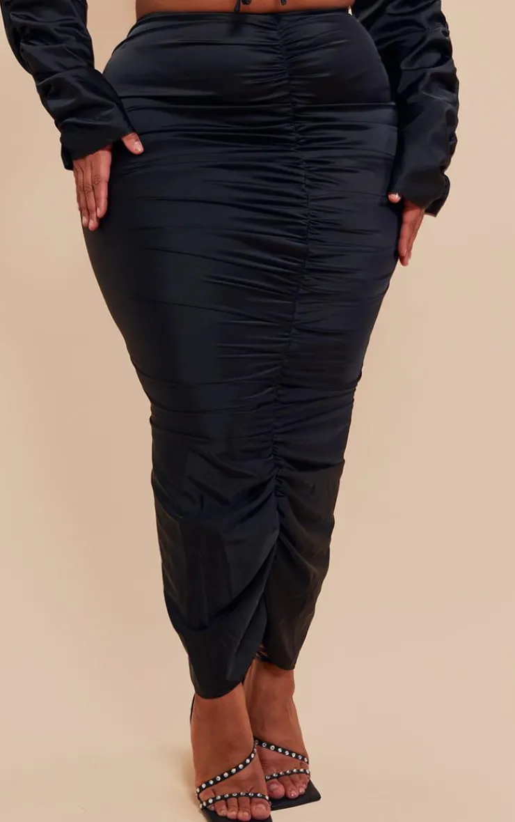 Best PrettyLittleThing Plus Ruched Satin Midaxi Skirt Black