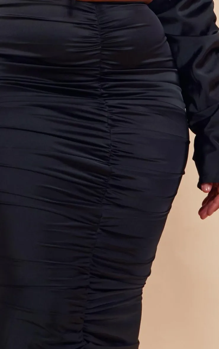Best PrettyLittleThing Plus Ruched Satin Midaxi Skirt Black