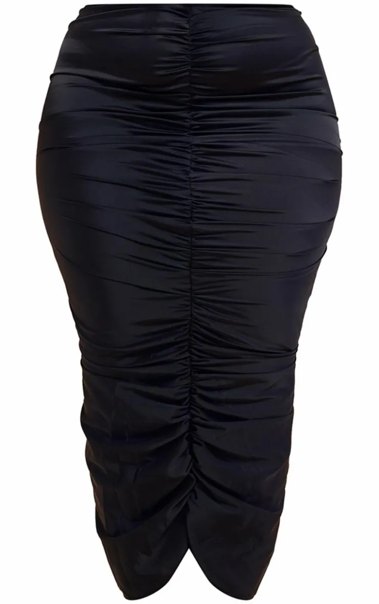 Best PrettyLittleThing Plus Ruched Satin Midaxi Skirt Black
