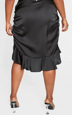 Hot PrettyLittleThing Plus Ruched Side Frill Hem Mini Skirt Black