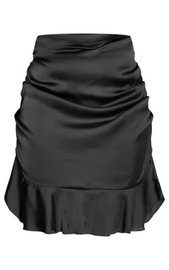Hot PrettyLittleThing Plus Ruched Side Frill Hem Mini Skirt Black
