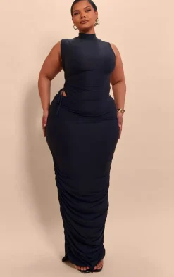 Sale PrettyLittleThing Plus Ruched Side Slinky Maxi Skirt Black