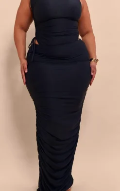 Sale PrettyLittleThing Plus Ruched Side Slinky Maxi Skirt Black
