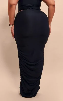Sale PrettyLittleThing Plus Ruched Side Slinky Maxi Skirt Black