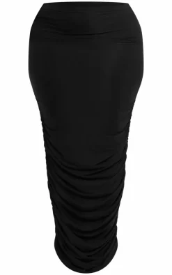 Sale PrettyLittleThing Plus Ruched Side Slinky Maxi Skirt Black