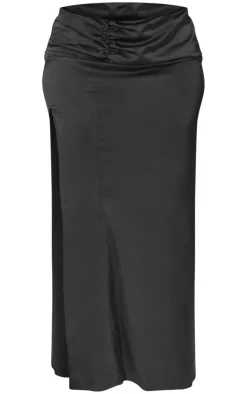 Online PrettyLittleThing Plus Ruched Waistband Low Rise Satin Maxi Skirt Black