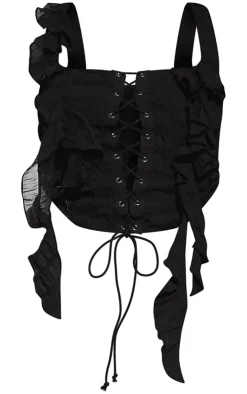 Outlet PrettyLittleThing Plus Ruffle Detail Lace Up Corset Black