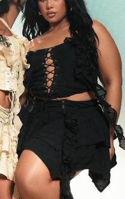 Best PrettyLittleThing Plus Ruffle Detail Lace Up Mini Skirt Black