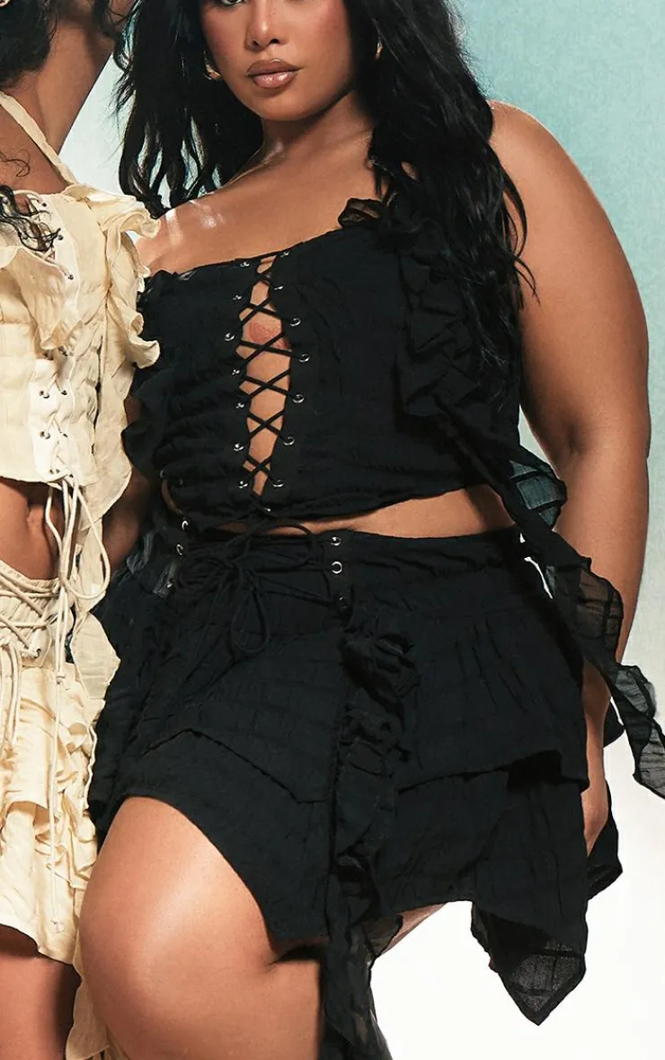 Best PrettyLittleThing Plus Ruffle Detail Lace Up Mini Skirt Black