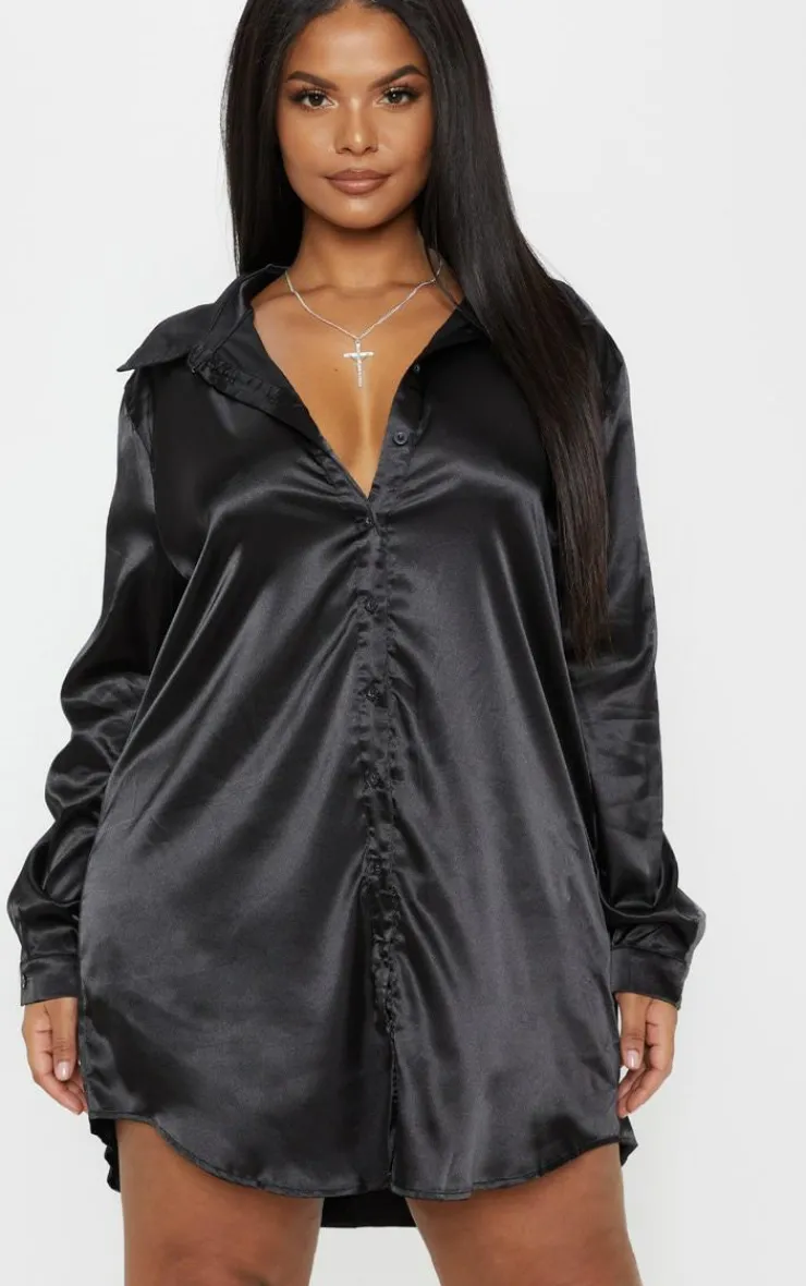 Plus Satin Button Front Shirt Dress-PrettyLittleThing