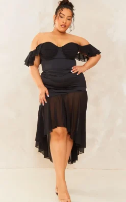 Outlet PrettyLittleThing Plus Satin Chiffon Hem Midi Skirt Black