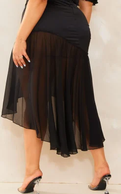 Outlet PrettyLittleThing Plus Satin Chiffon Hem Midi Skirt Black