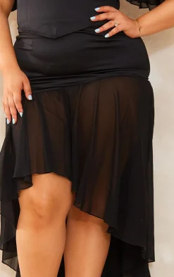 Outlet PrettyLittleThing Plus Satin Chiffon Hem Midi Skirt Black