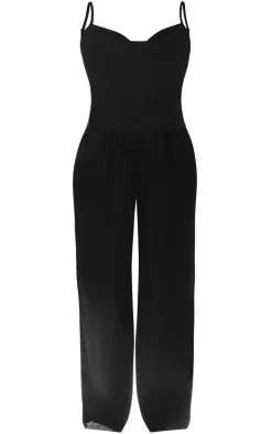 Plus Black Satin Cowl Neck Cami and Button Pant PJ Set