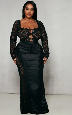Hot PrettyLittleThing Plus Satin Lace Detail Midi Skirt Black