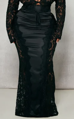 Hot PrettyLittleThing Plus Satin Lace Detail Midi Skirt Black