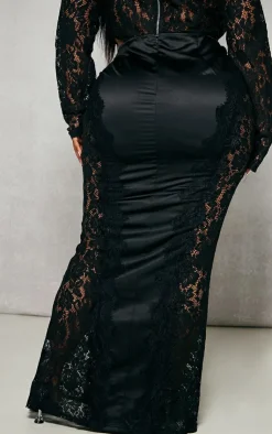 Hot PrettyLittleThing Plus Satin Lace Detail Midi Skirt Black