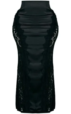 Hot PrettyLittleThing Plus Satin Lace Detail Midi Skirt Black
