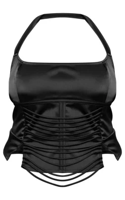 Discount PrettyLittleThing Plus Satin Lace Up Front Detail Halterneck Top Black