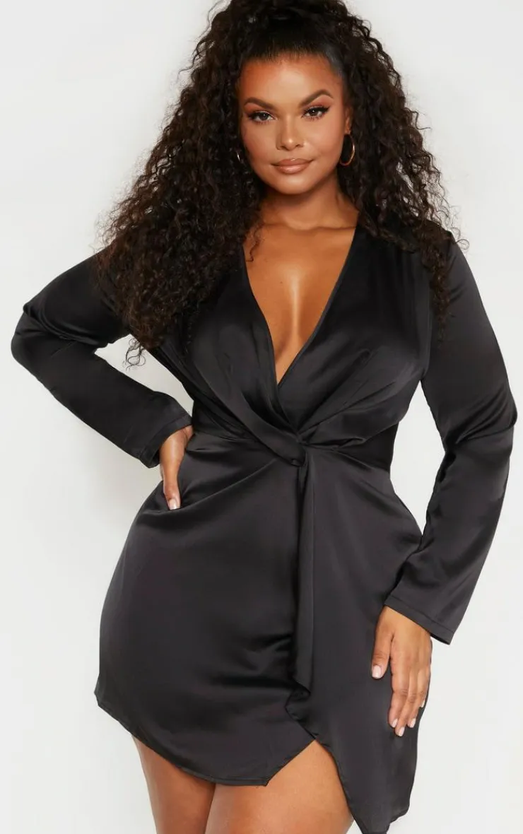 Plus Satin Long Sleeve Wrap Dress-PrettyLittleThing Clearance