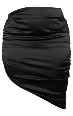 Sale PrettyLittleThing Plus Satin Ruched Asymmetric Mini Skirt Black