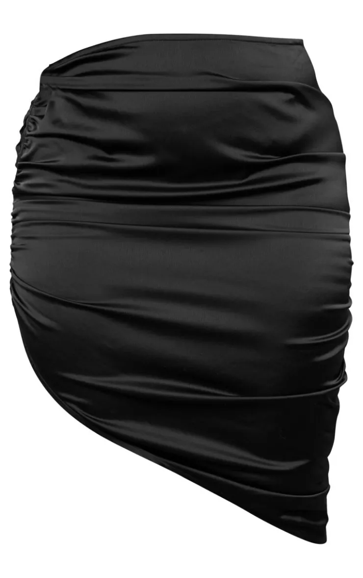 Sale PrettyLittleThing Plus Satin Ruched Asymmetric Mini Skirt Black