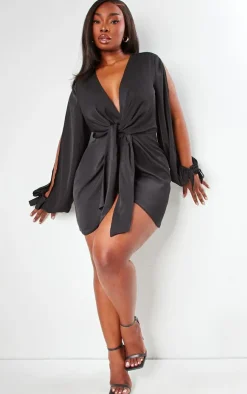 Plus Satin Twist Front Open Sleeve Wrap Dress-PrettyLittleThing Discount