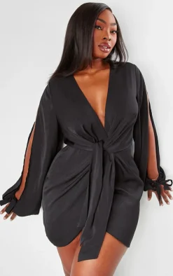 Plus Satin Twist Front Open Sleeve Wrap Dress-PrettyLittleThing Discount