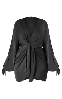 Plus Satin Twist Front Open Sleeve Wrap Dress-PrettyLittleThing Discount