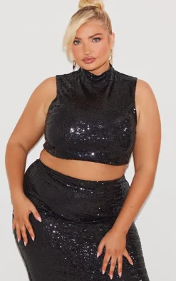 Discount PrettyLittleThing Plus Sequin High Neck Crop Top Black