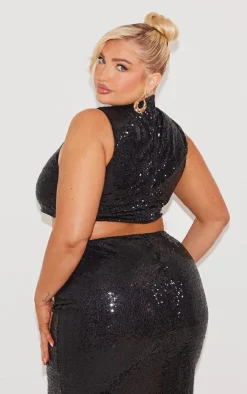 Discount PrettyLittleThing Plus Sequin High Neck Crop Top Black