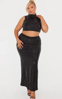 Discount PrettyLittleThing Plus Sequin High Neck Crop Top Black