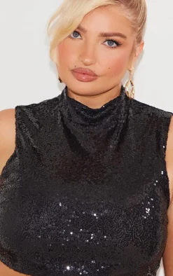Discount PrettyLittleThing Plus Sequin High Neck Crop Top Black